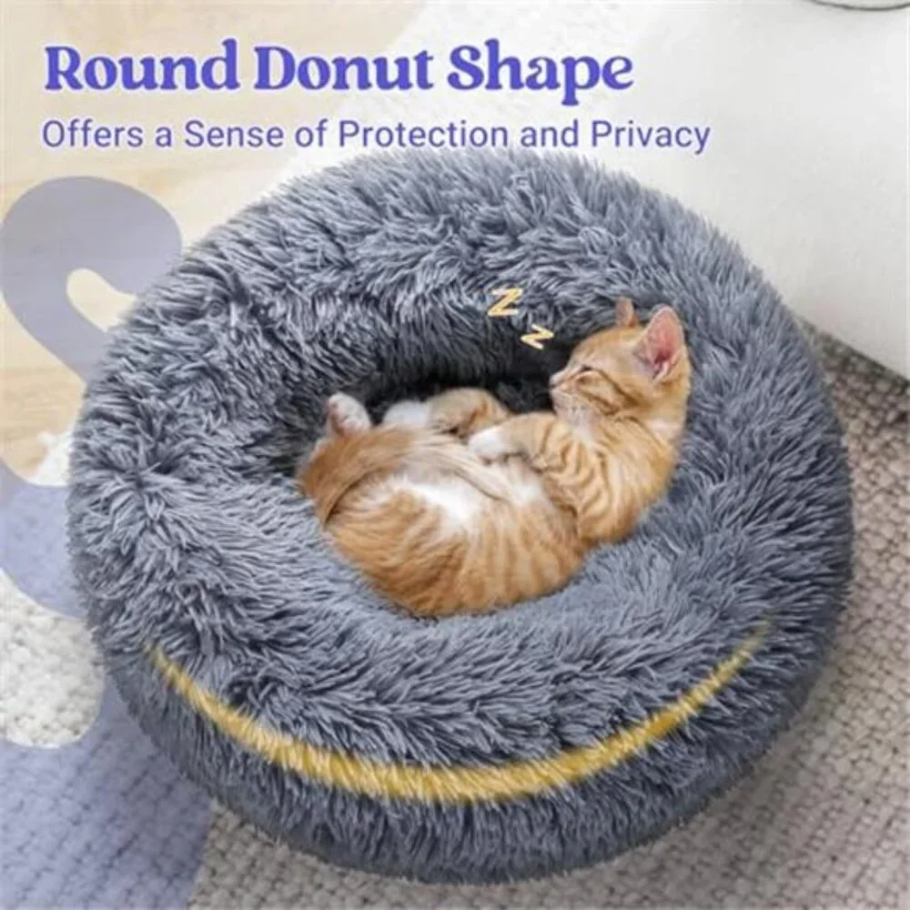 Round Cat Bed Plush Donut Self Warming Small Dog Kitten Cushion Soft Indoor Pet